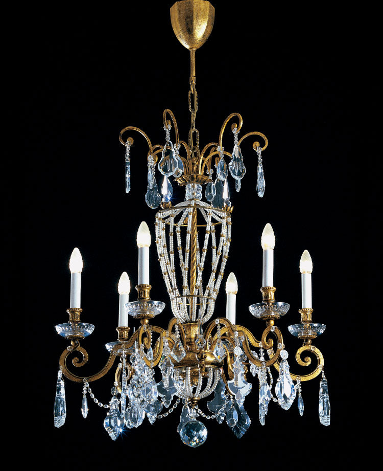 Banci Firenze chandelier in wrought iron and crystals in antique golden leaf
