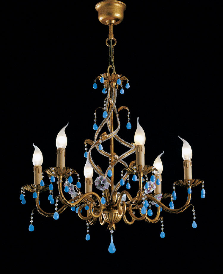 Banci chandelier in wrought iron and blue crystals