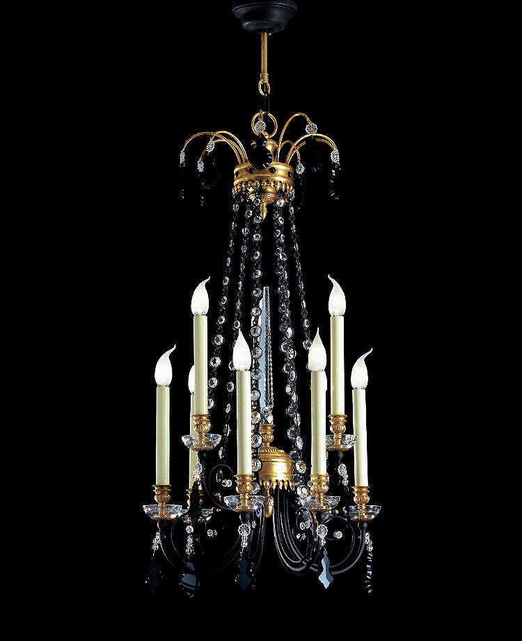 Lampadario Francesca in stile classico nero e oro con cristalli neri