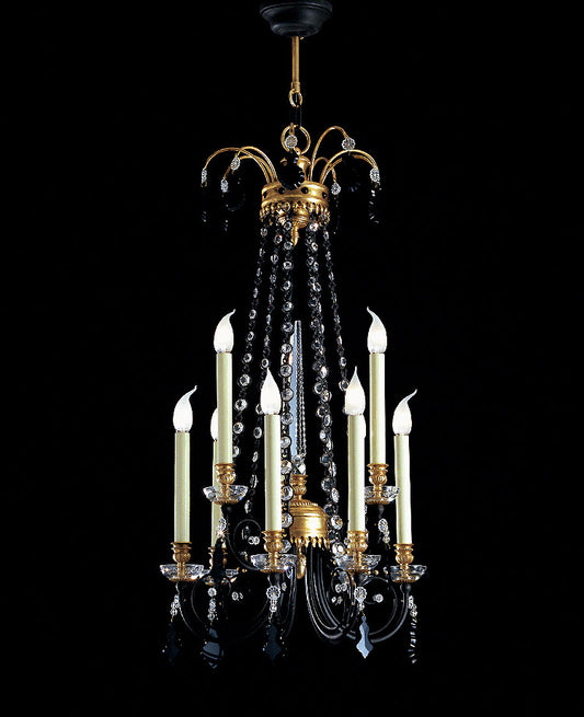Lampadario Francesca in stile classico nero e oro con cristalli neri