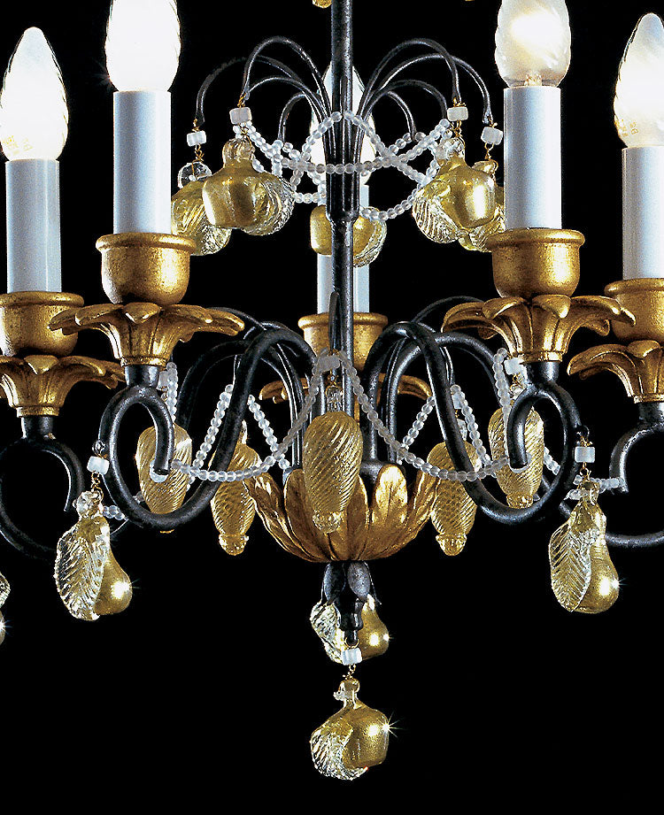 Banci chandelier in wrought iron and golden crystals in fruits shape